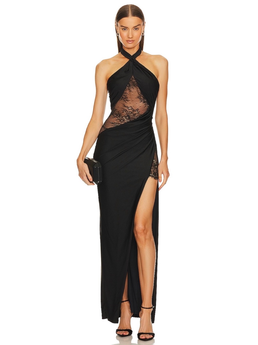 Michael Costello Revolve Josephine Black Satin Halter Lace Slit Evening Gown NWT